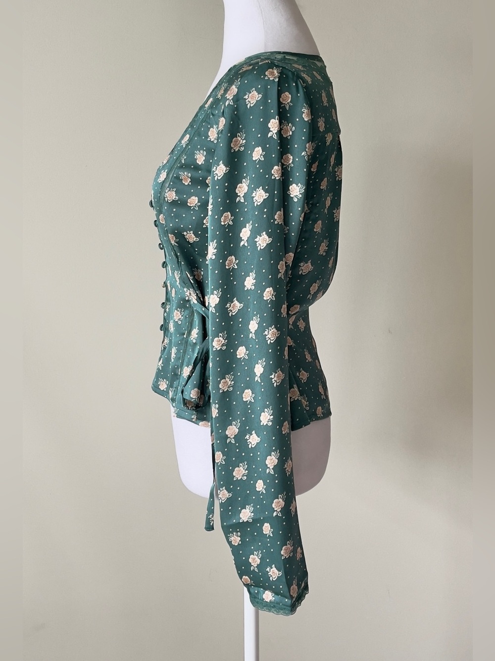 Free People Field Of Roses Button-Front Long Sleeve FloralSatin Teal Blouse NWOT - Picture 7 of 10